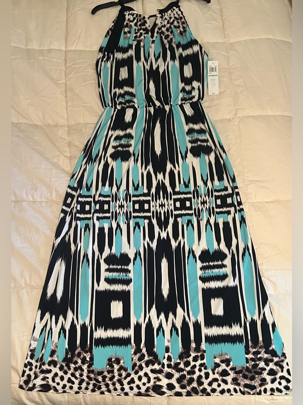 London Style Collection Aqua Black, White & Aqua Printed Halter Maxi Dress - Picture 10 of 10